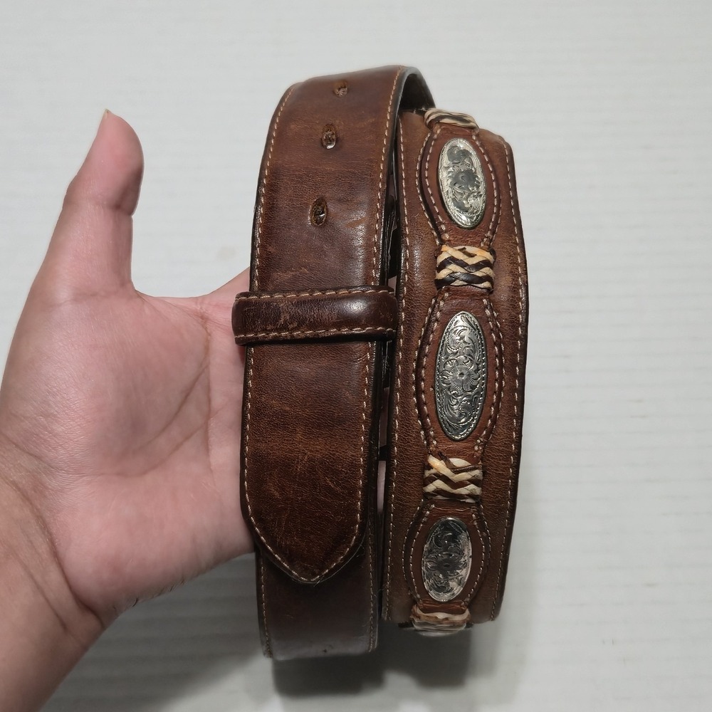 Vtg Tony Lama Brown Leather Western Concho Belt Mens 38 Cowboy Tooled No Buckle